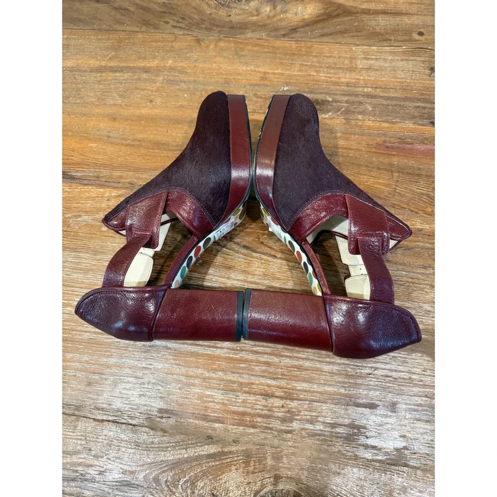 Vintage Clarks Orla Kiely Burgundy Leather Brown Hair Platform Heel Shoes 9.5
